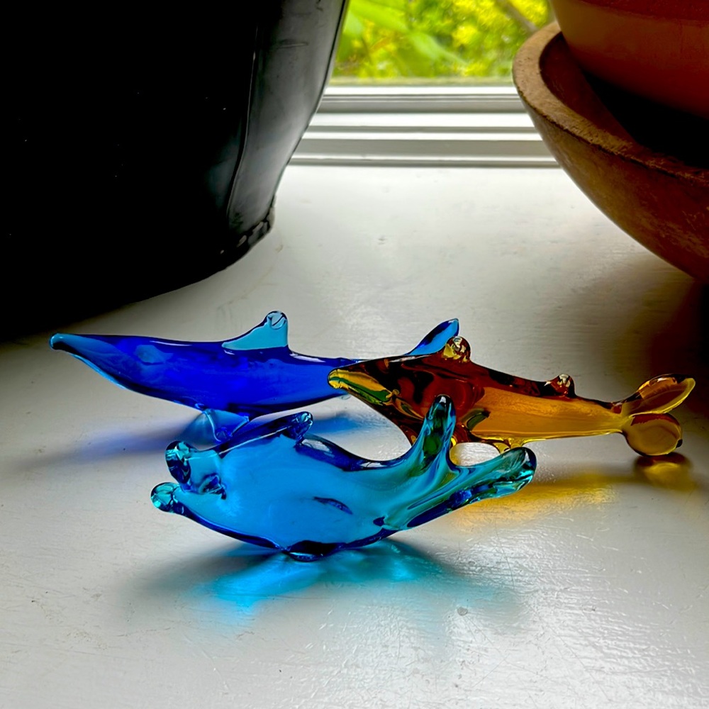 Set of 3 Glasses Fishes Decoration, Blue and Amber Color